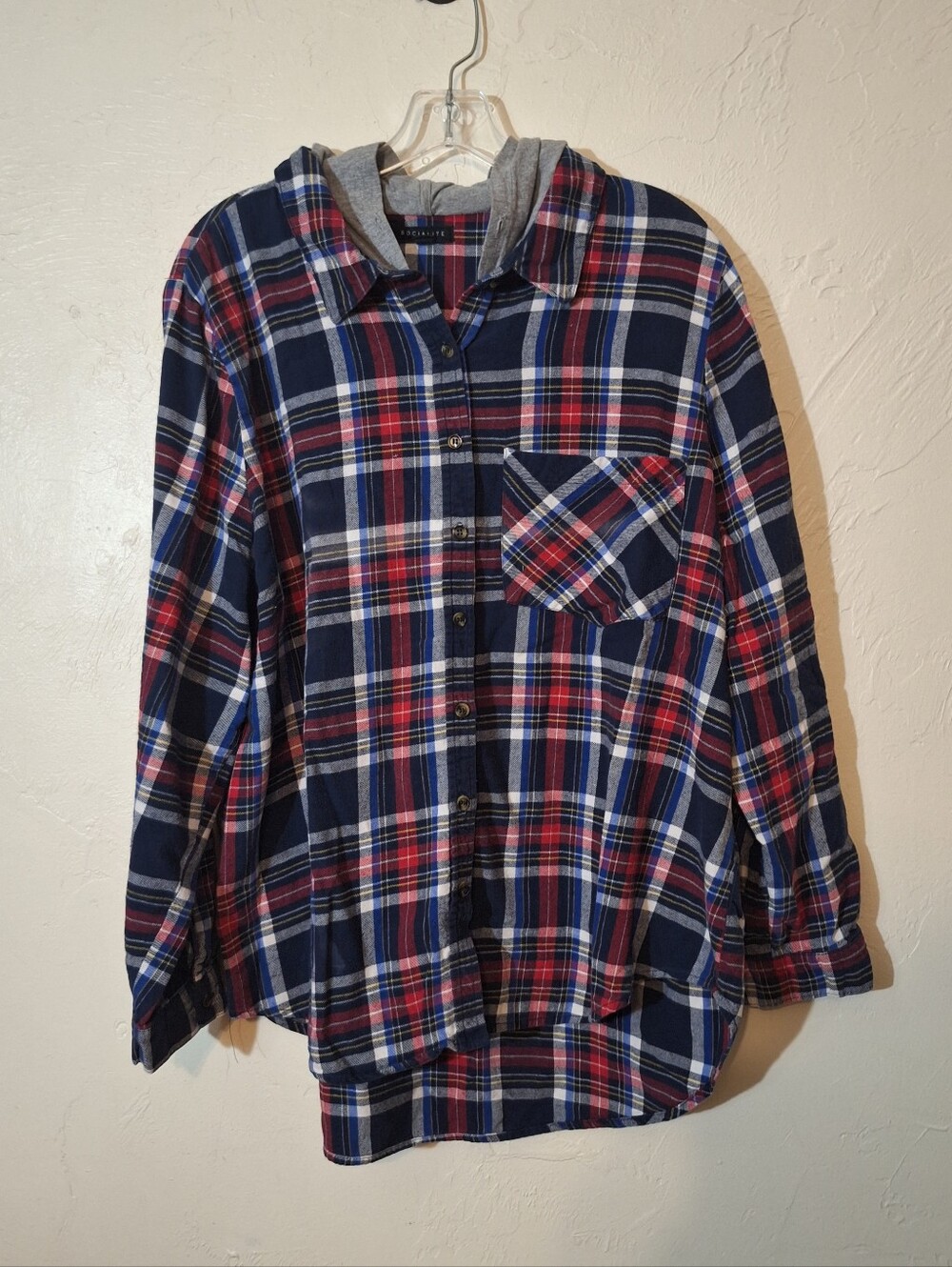 Socialite Red Blue Plaid Plus Women's 3X Cotton Long Sleeved Knit Hoodie